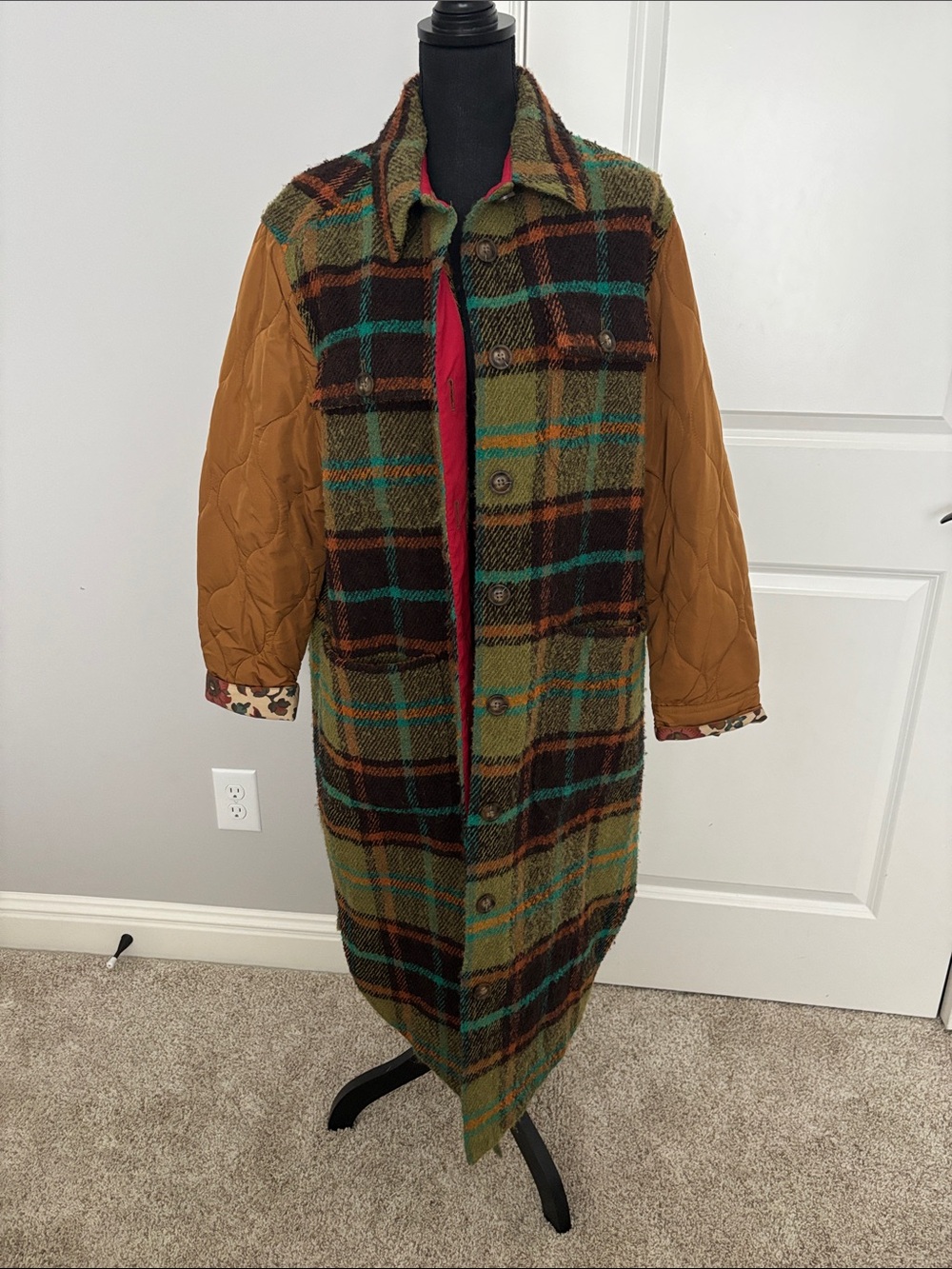 Sundance Green Plaid Trench Coat with Tan Quilted Sleeves